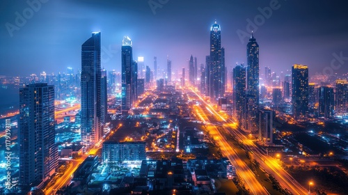 City skyline illuminated at night showcasing skyscrapers and busy streets in a bustling urban landscape. Generative AI