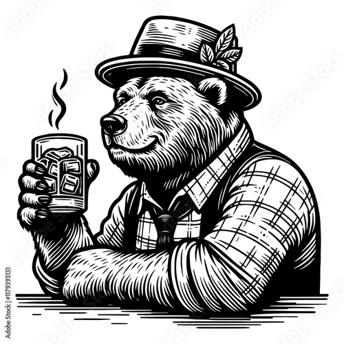 bear drink whisky dressed in a hat and plaid shirt, holding a drink, anthropomorphic charm sketch engraving generative ai PNG illustration. Scratch board imitation. Black and white image.