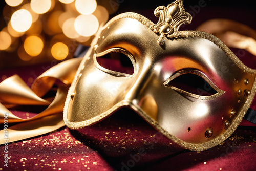 Traditional female carnival venetian mask on the table. Masquerade mask on glitter background.