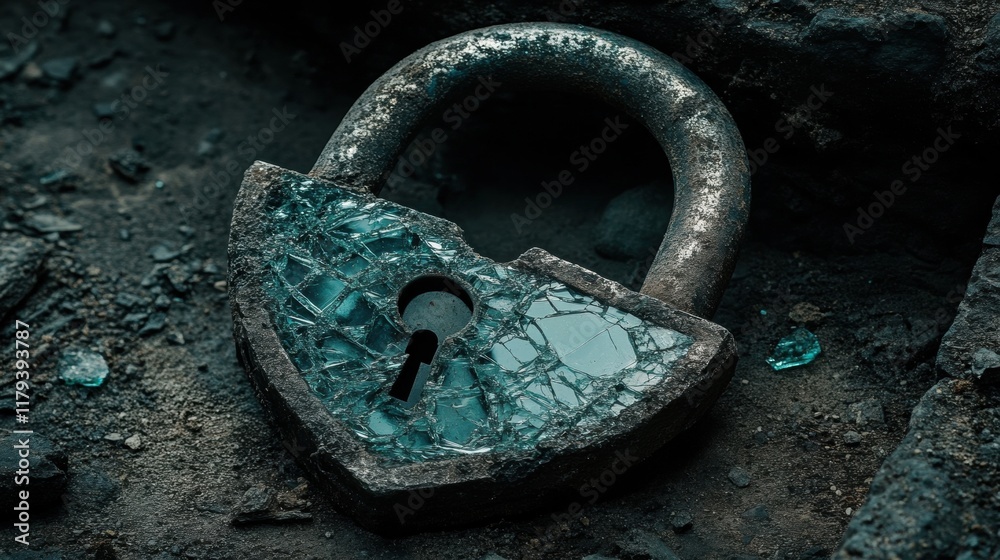Broken padlock on ground with shattered glass and dark texture Broken padlock on ground with shattered glass and dark texture