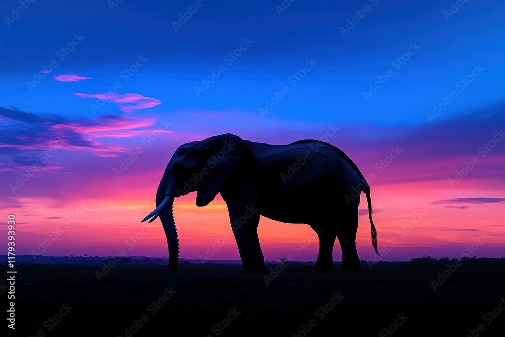 Fototapeta premium Majestic elephant silhouetted against a vibrant sunset in an open landscape during twilight hours. Generative AI