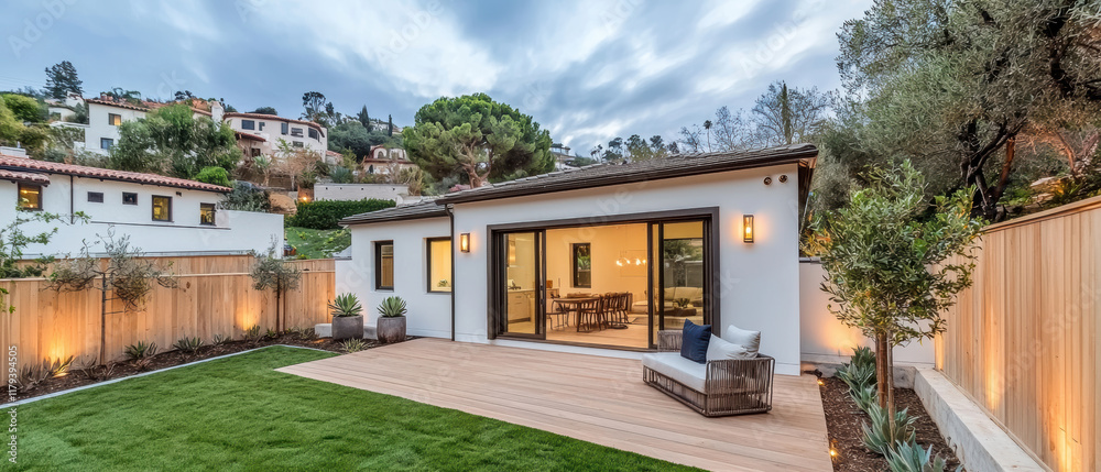Fototapeta premium beautifully landscaped patio with modern home, featuring lush greenery and cozy seating area, perfect for relaxation