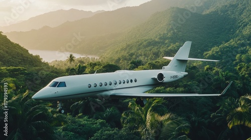 Wallpaper Mural Luxury Private Jet Flying Over Lush Green Tropical Landscape Torontodigital.ca