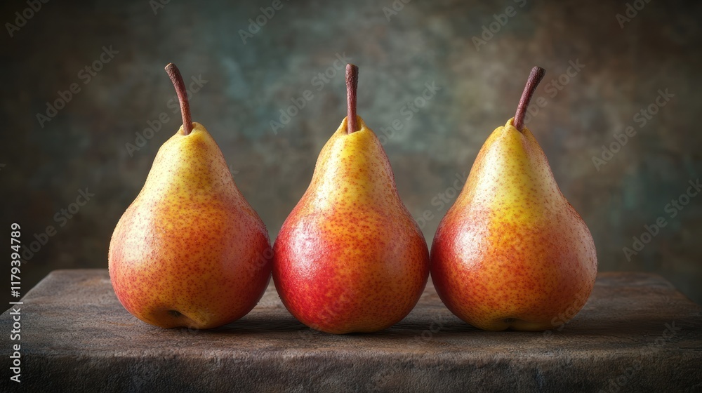 Fresh red and yellow pears arranged on a wooden surface with a textured background. Generative AI Fresh red and yellow pears arranged on a wooden surface with a textured background. Generative AI