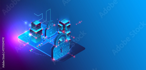 Data protection. Isometric image of a smartphone with a picture of a lock and various technological elements.