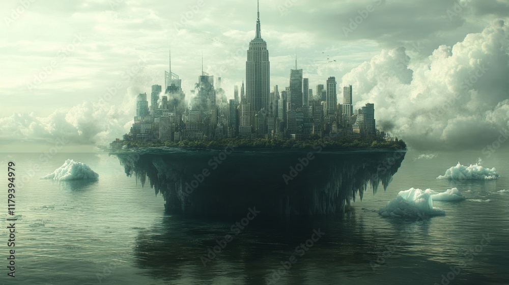 Obraz premium Floating Cityscape Above Water with Skyscrapers and Dramatic Clouds