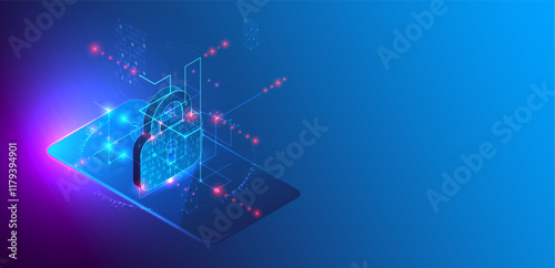 Data protection. Isometric image of a smartphone with a picture of a lock and various technological elements.