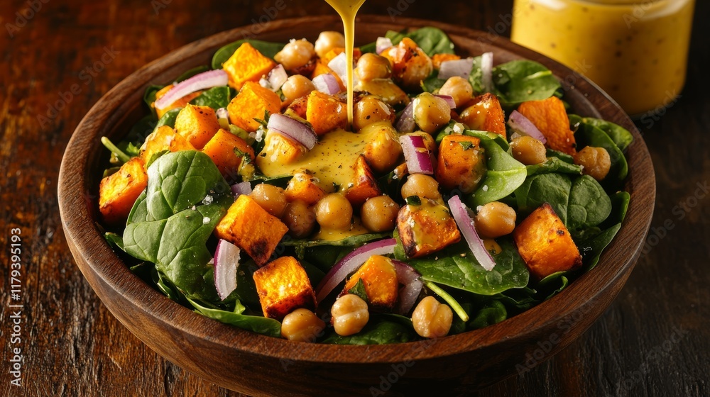 Fresh Vegetable Salad with Sweet Potatoes and Chickpeas in Rustic Wooden Bowl with Tangy Vinaigrette Pouring Fresh Vegetable Salad with Sweet Potatoes and Chickpeas in Rustic Wooden Bowl with Tangy Vinaigrette Pouring