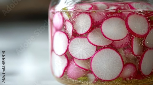 Slices of radish submerged in pickling solution inside a glass jar on a clean kitchen surface. Generative AI