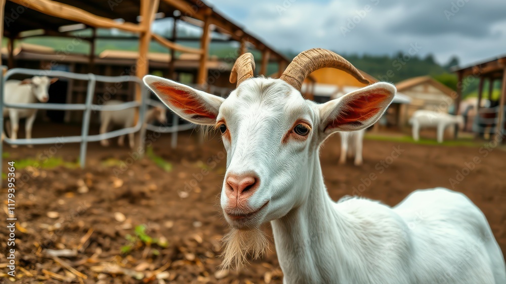 Goat stands prominently in a rustic farm setting with barns and other animals in the background during daylight hours Goat stands prominently in a rustic farm setting with barns and other animals in the background during daylight hours