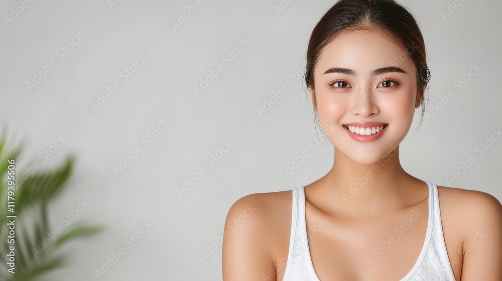 Confident and cheerful: Young Indonesian woman smiling brightly in a minimalist studio setup with ample copy space.