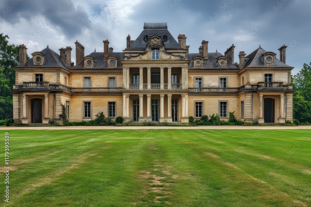 A grand countryside mansion with expansive lawns, symmetrical columns, and intricate stone details