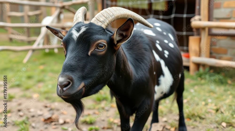 Black and white goat standing in a farmyard surrounded by wooden fencing and grassy ground during daylight Black and white goat standing in a farmyard surrounded by wooden fencing and grassy ground during daylight