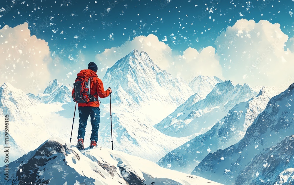 A hiker with trekking poles on a high mountain slope, surrounded by snowcovered mountains, highaltitude adventure and exploration theme A hiker with trekking poles on a high mountain slope, surrounded by snowcovered mountains, highaltitude adventure and exploration theme