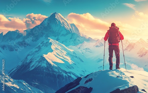 A hiker with trekking poles on a high mountain slope, surrounded by snowcovered mountains, highaltitude adventure and exploration theme photo