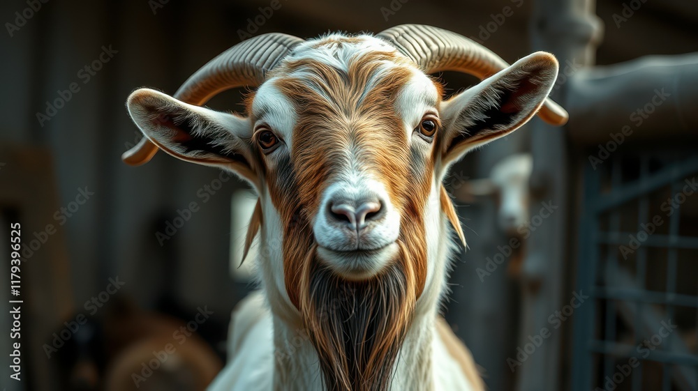 Close-up of a curious goat with expressive features in a rustic farm setting during daylight Close-up of a curious goat with expressive features in a rustic farm setting during daylight