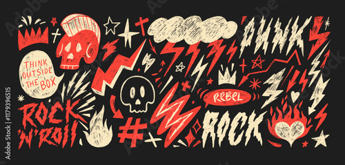 Funky punk crayon drawn shapes and stickers. Rock style doodle collection with pencil texture.