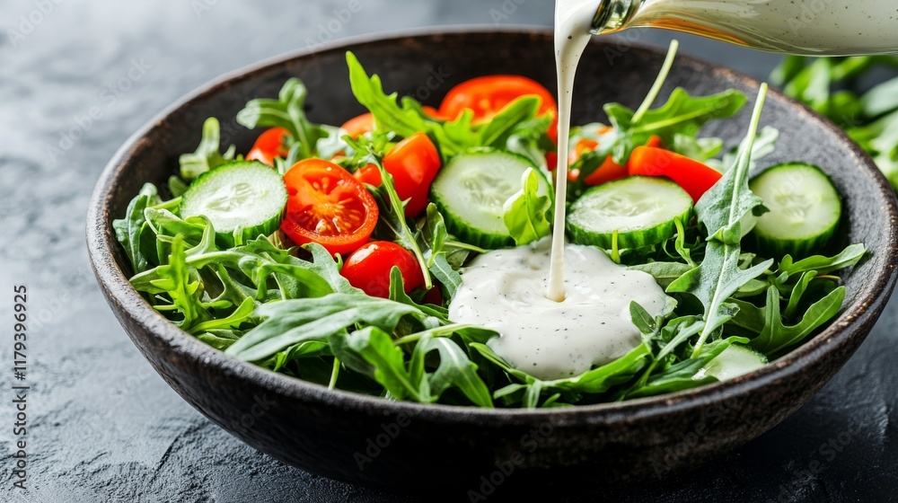 Fresh and Vibrant Salad Bowl with Creamy Dressing Pouring - Healthy Eating Concept Fresh and Vibrant Salad Bowl with Creamy Dressing Pouring - Healthy Eating Concept