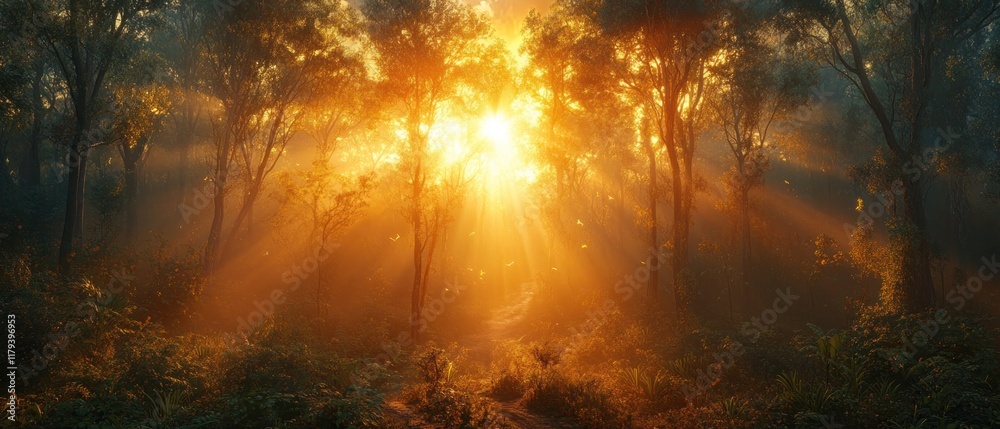 A beautiful, magical sunrise in a dense forest, with the sun rays breaking through the trees and shining through the morning fog. A beautiful, magical sunrise in a dense forest, with the sun rays breaking through the trees and shining through the morning fog.