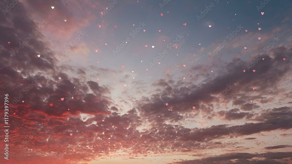 Naklejka premium Dramatic cloudscape of vibrant orange and red hues paint the evening sky as the sun sets, casting a warm glow on the landscape