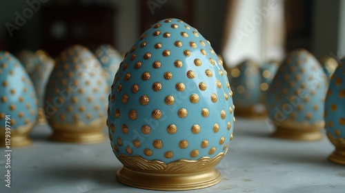 Decorative Blue and Gold Easter Eggs on a Table Setting