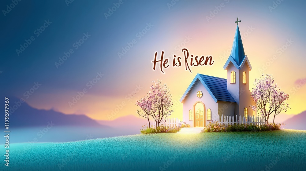 Naklejka premium A vibrant flat Easter clipart design featuring a church, a sunrise, and the words