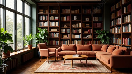 Wallpaper Mural A warm, inviting space with a sturdy brown wooden bookshelf overflowing with diverse tomes, set against a serene backdrop of a large window and natural light Torontodigital.ca