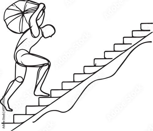 Man’s Struggle and Strength. Line Drawing of Climbing Stairs with a Load