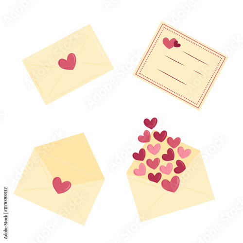 Lovely envelopes with love letters with hearts isolated on white background. Hand drawn vector illustration in flat style. Happy Saint Valentines Day, love concept, message, communication