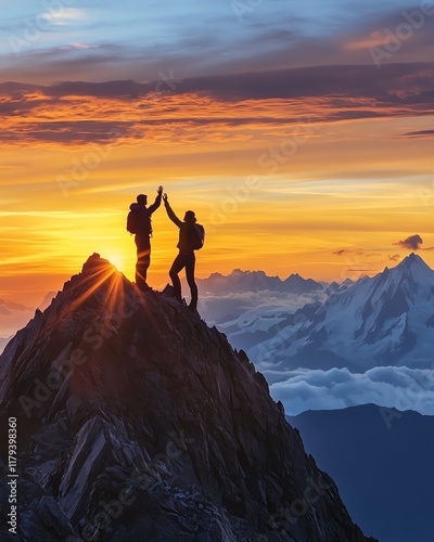A scenic mountain summit with two people silhouetted against the sunset, highfiving to celebrate achievement, dynamic and motivational energy