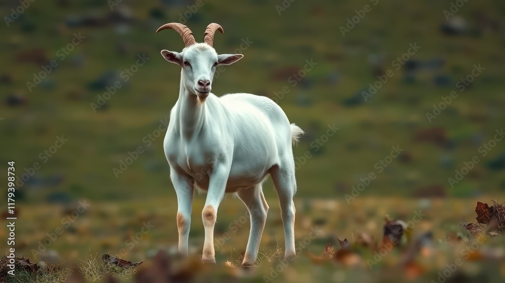 White goat standing on grassy landscape under soft sunlight in an open field during daytime White goat standing on grassy landscape under soft sunlight in an open field during daytime