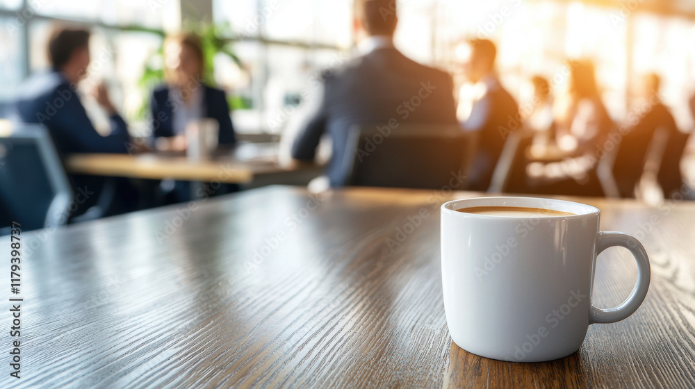 cup of coffee on wooden table with blurred business meeting in background, creating warm and inviting atmosphere cup of coffee on wooden table with blurred business meeting in background, creating warm and inviting atmosphere