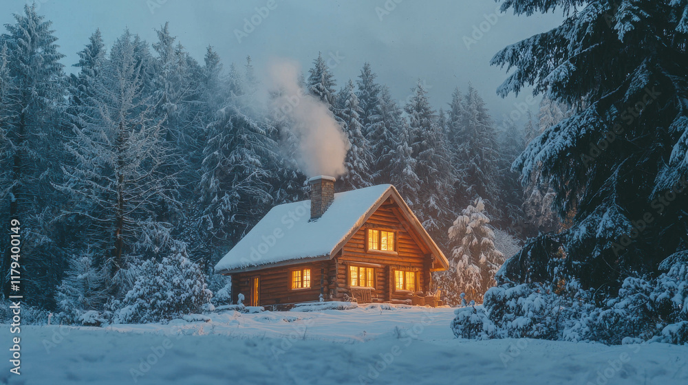 Cozy Cabin in Winter Woods with Smoke Rising from the Chimney at Dusk