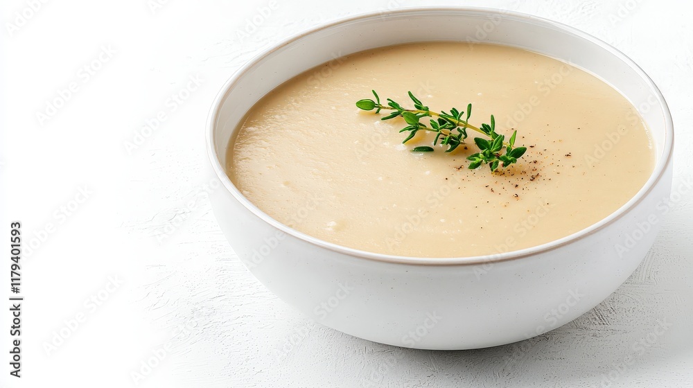 Creamy Vegetable Soup Garnished with Fresh Herbs in a White Bowl on a Light Background Creamy Vegetable Soup Garnished with Fresh Herbs in a White Bowl on a Light Background