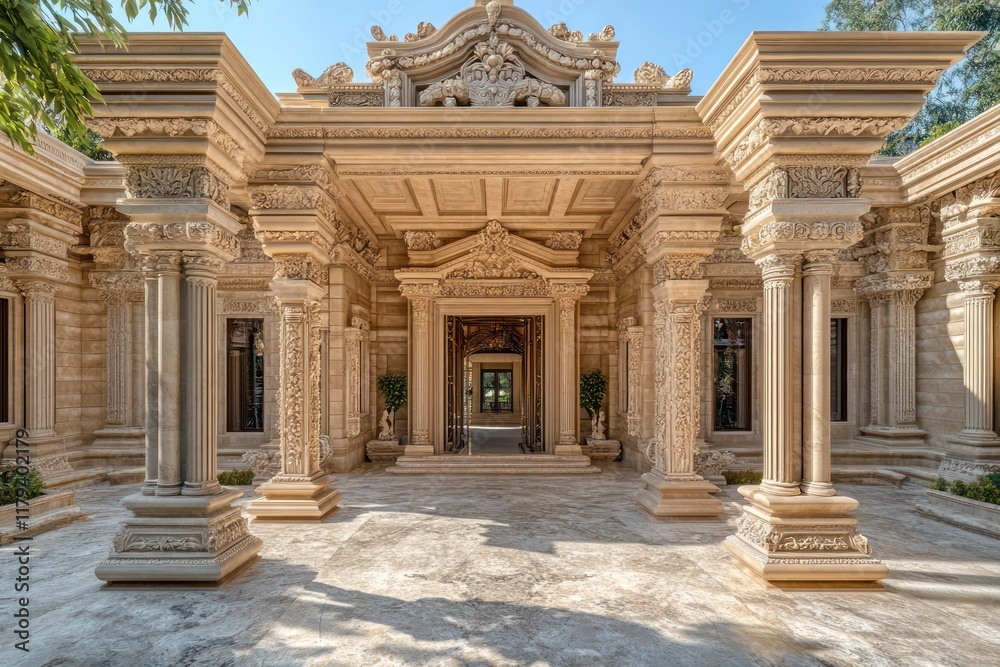 Obraz premium A grand luxury home with intricate stone carvings, a grand entrance framed by pillars, and a marble-paved driveway