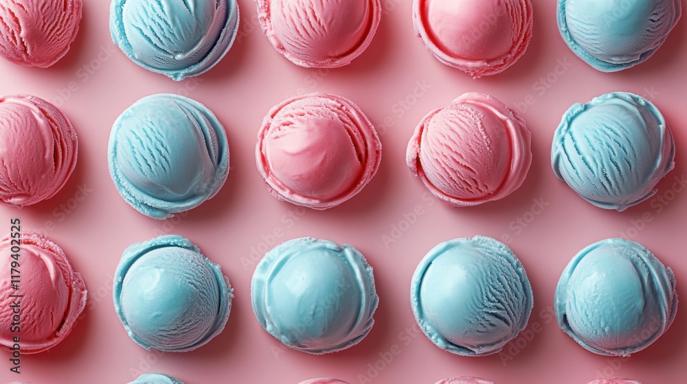 Fototapeta premium Colorful Ice Cream Scoops in Pink and Blue Arrangement on Table