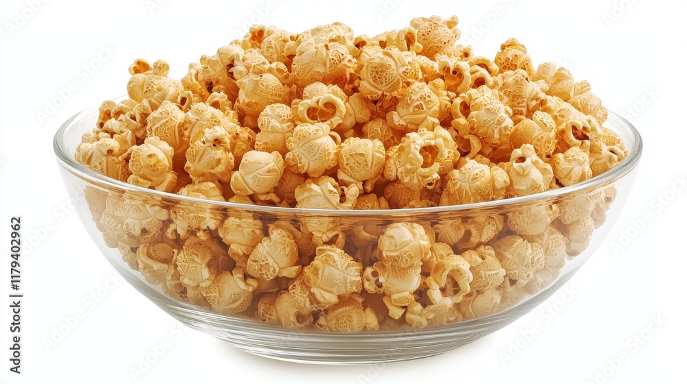 Delicious Crispy Golden Butter Popcorn in a Large Clear Bowl Ready for Snacking Delicious Crispy Golden Butter Popcorn in a Large Clear Bowl Ready for Snacking