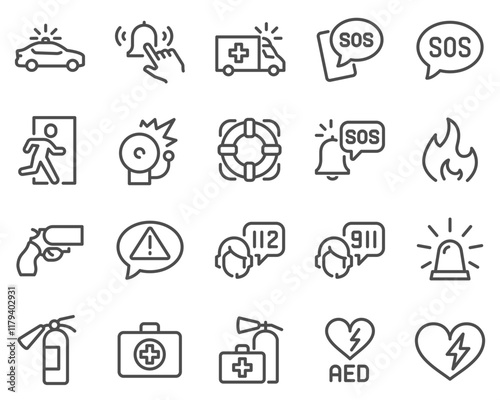 Simple Set of Emergency Related Vector Line Icons. Contains such Icons as Automated external defibrillator, Siren, Emergency phone number and more. Editable Stroke.