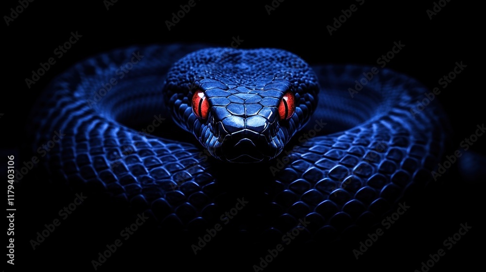 Fototapeta premium A highly realistic photograph of a deep blue snake, its smooth scales gleaming with subtle texture and depth.