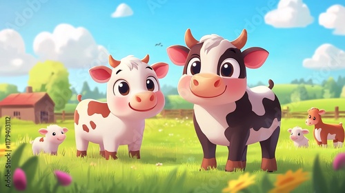 Happy cows and lambs on farm. Kids book illustration photo