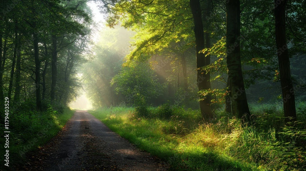 Obraz premium Sunlit Forest Path: A Mystical Journey Through Verdant Woods