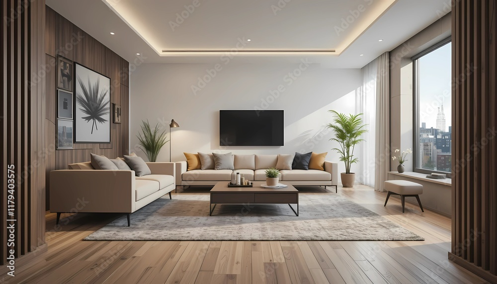 Fototapeta premium Interior Design Photography of a Minimalist Living Room Without Rugs 
