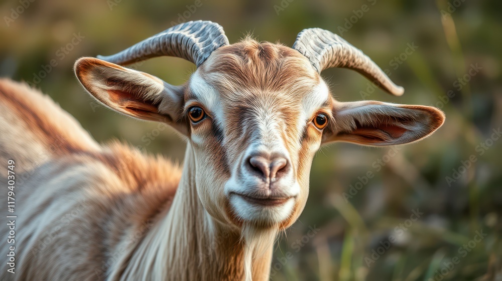 Goat stands in a grassy field during golden hour, showcasing features and calm demeanor while grazing peacefully Goat stands in a grassy field during golden hour, showcasing features and calm demeanor while grazing peacefully
