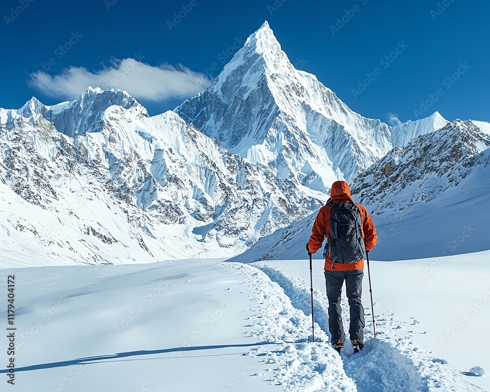 A hiker with trekking poles standing on a snowy slope, towering snowcapped mountains in the background, crisp winter air, serene and majestic landscape A hiker with trekking poles standing on a snowy slope, towering snowcapped mountains in the background, crisp winter air, serene and majestic landscape