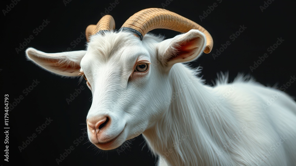 White goat with curved horns poses against dark background, highlighting its features and texture White goat with curved horns poses against dark background, highlighting its features and texture