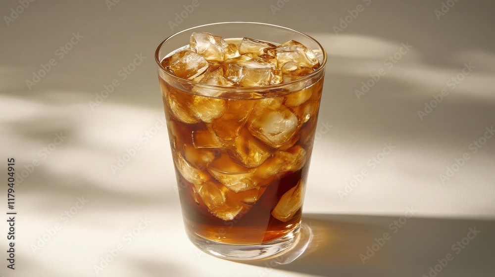 Refreshing Glass of Iced Beverage with Ice Cubes on a Light Background Refreshing Glass of Iced Beverage with Ice Cubes on a Light Background