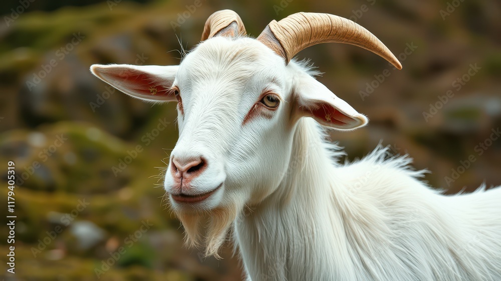 Goat stands proudly among the mossy rocks in a sunny and vibrant natural landscape Goat stands proudly among the mossy rocks in a sunny and vibrant natural landscape