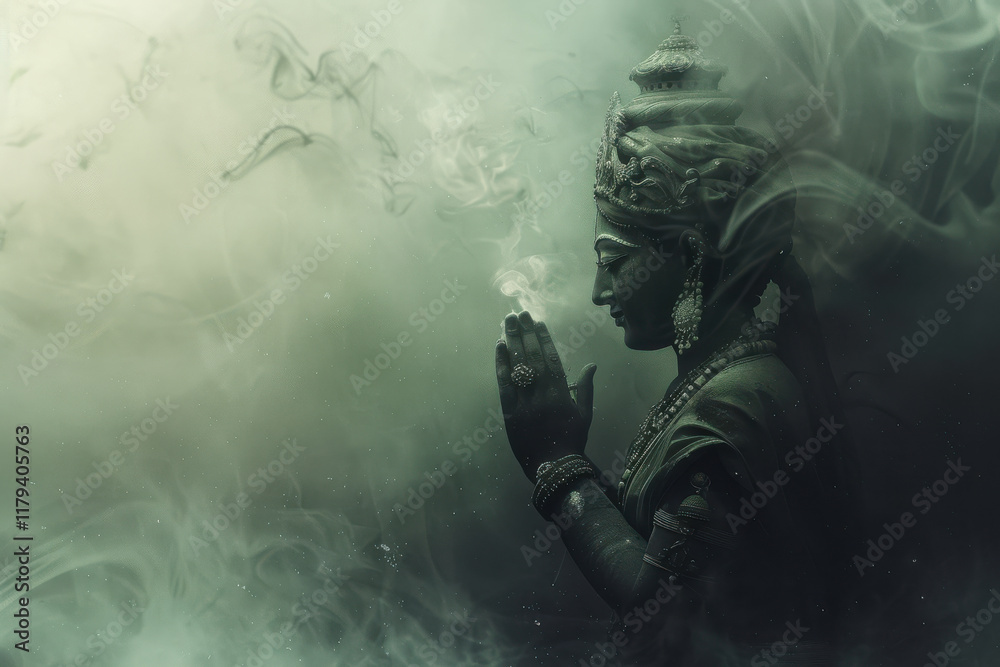 horizontal image of lord krishna statue surrounded by smoke during religious celebrations horizontal image of lord krishna statue surrounded by smoke during religious celebrations