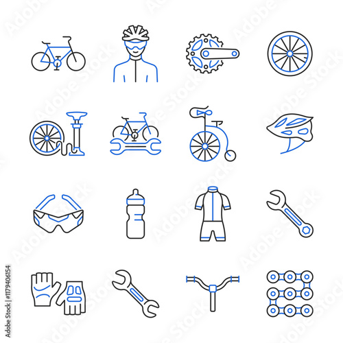 Bicycle line color icon set. Bike outline symbol collection with bicyclist, wheel, bicycle pump, lock, glasses, handlebar, wrench. Vector illustration of repair service.