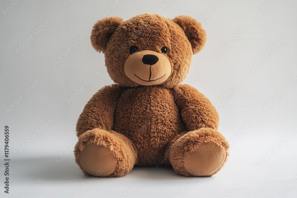 Fototapeta premium adorable vintage style brown teddy bear with soft plush fur and black button eyes sitting alone on white background